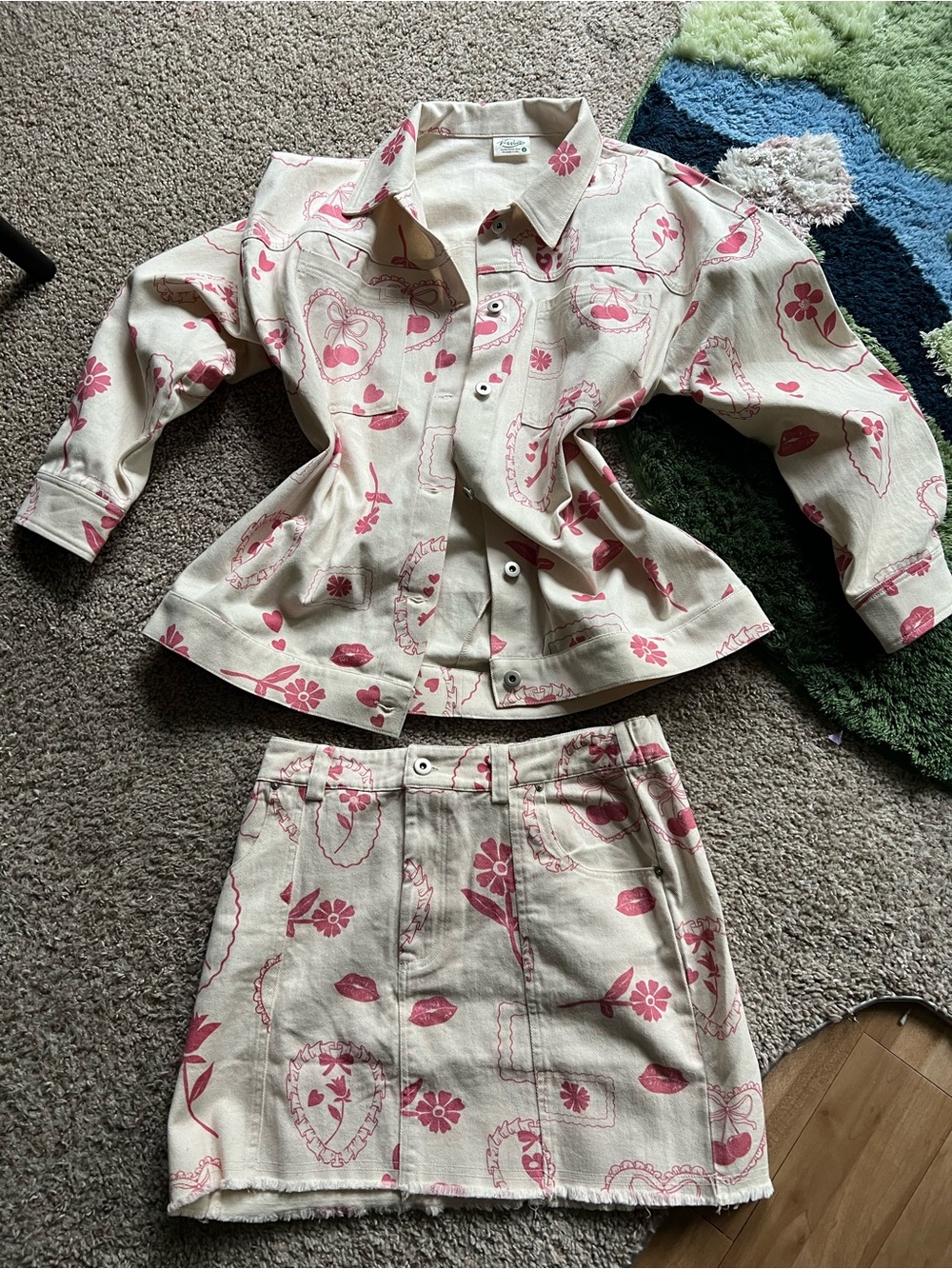 Two-Piece Denim Set in Cream with Pink Print